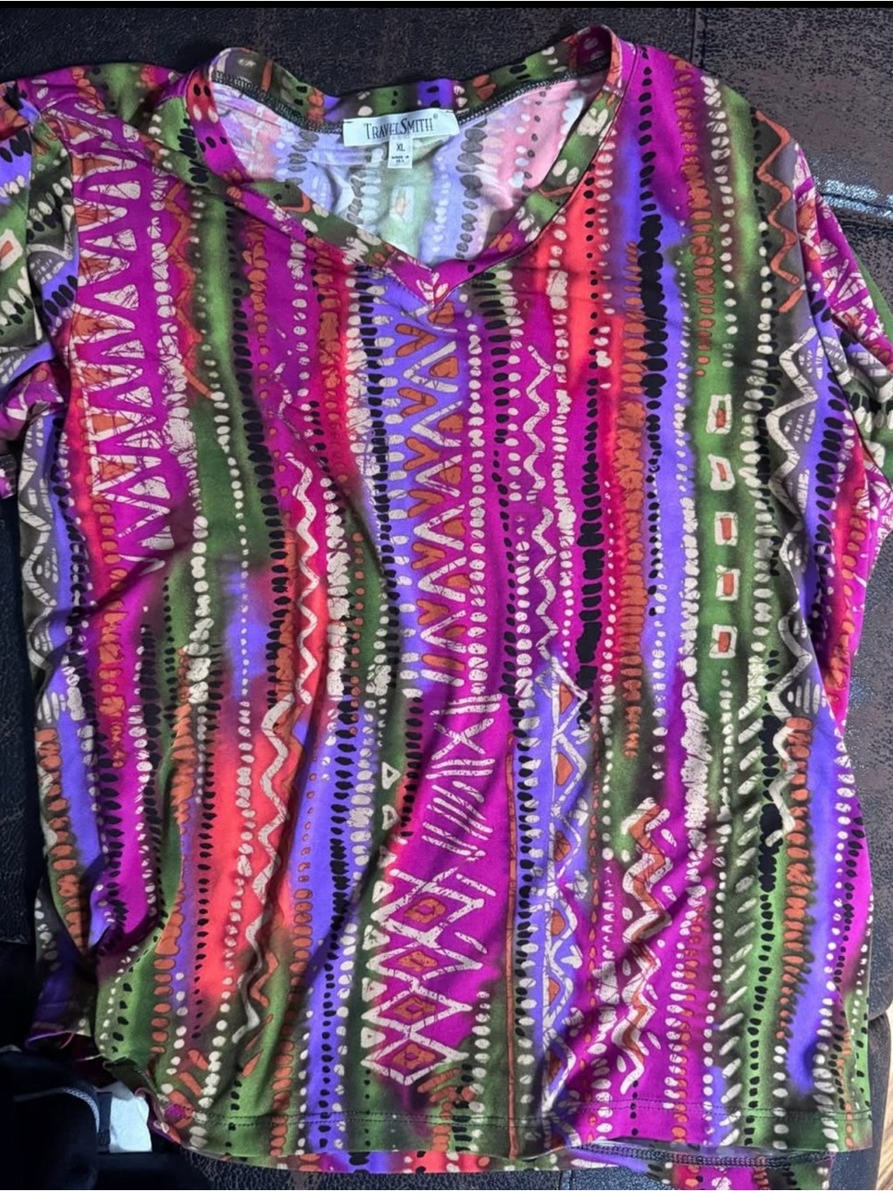 Tribal Stripe V-Neck Short Sleeve Tee - Magenta & Green by TravelSmith